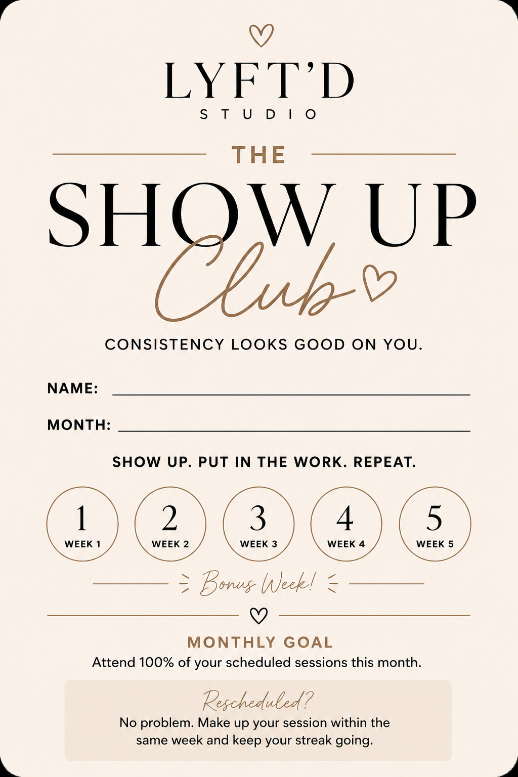 The Show Up Club — attend 5 weeks and earn a bonus week