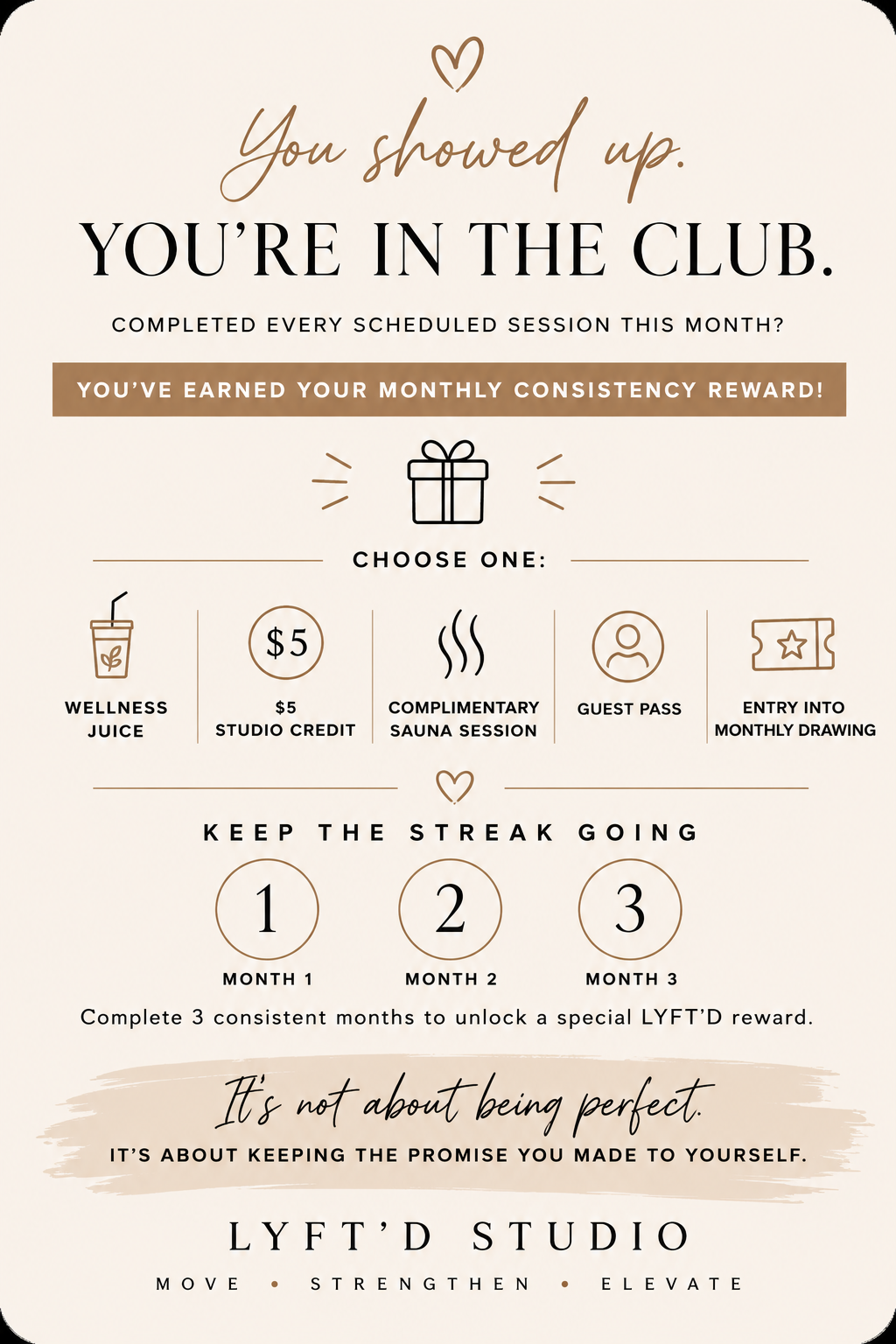 The Show Up Club monthly goal — attend 100% of scheduled sessions